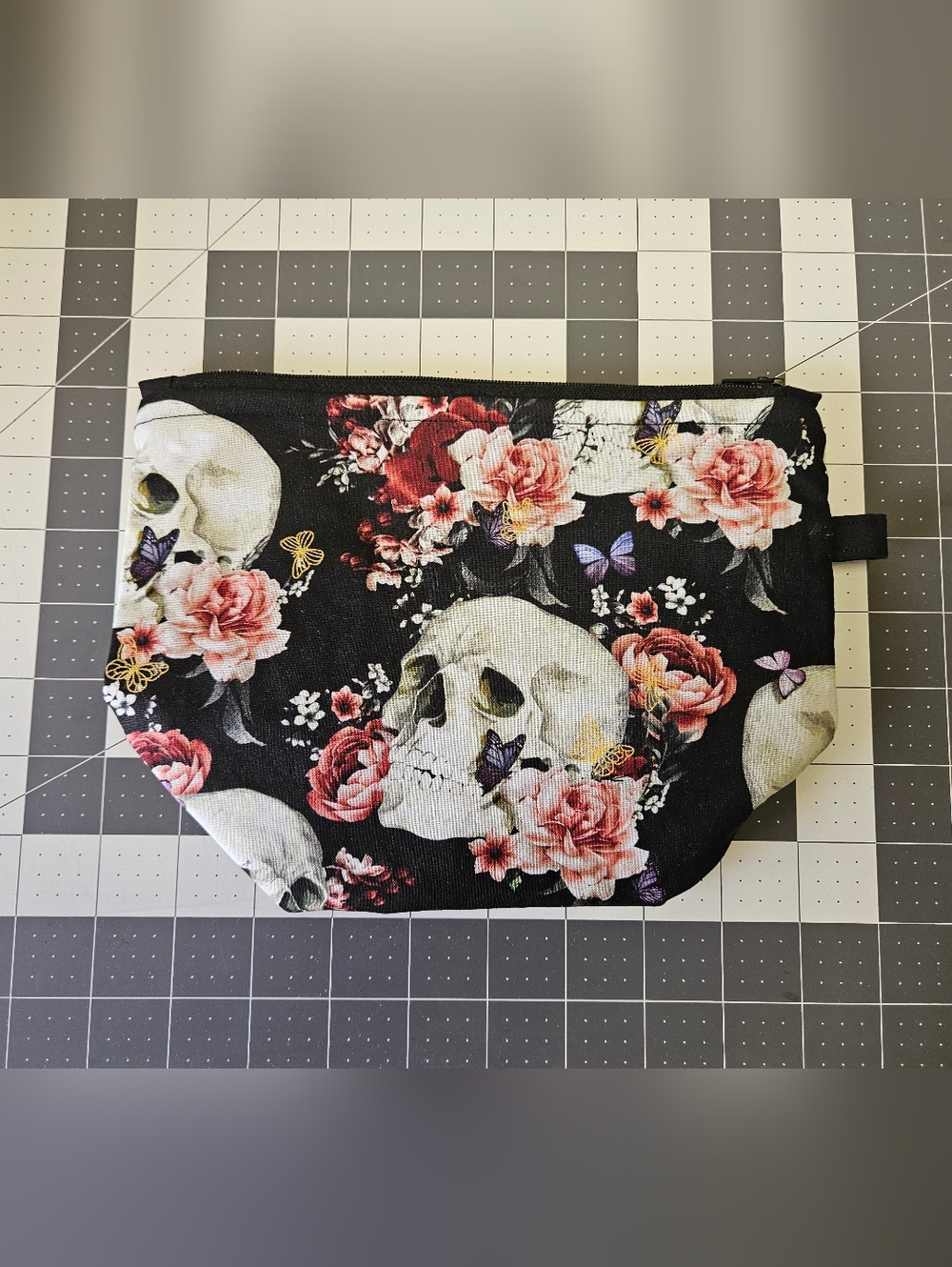 Floral Skull Cosmetic Bag - Black and Pink HANDMADE from RIKANDA'S CREATION'S - Picture 2 of 6